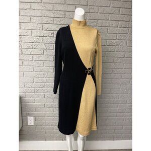 VTG St John Women's Black Gold Color Block Long Sleeve Knit Sweater Dress Size 6